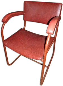 ARM CHAIR, MAROON SEAT, BACK &ARMS,RED METAL FRAME