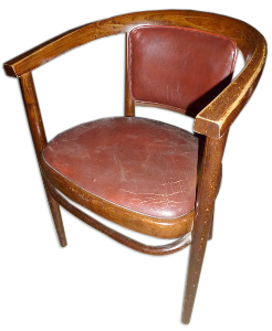 ARM CHAIR,DK WOOD ,CURVED ARM BACK, BROWN LEATHER  SEAT & BACK.