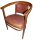 Hire ARM CHAIR,DK WOOD ,CURVED ARM BACK, BROWN LEATHER  SEAT & BACK..