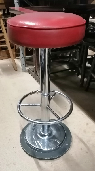 BAR STOOL, RED LEATHER SEAT THICK CHROME STEM + FOOT REST + BLK BASE