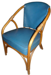 BISTRO CHAIR.LOW. BLUE PADDED VINYL WITH WOODEN FRAME.