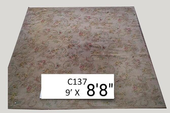 CARPET BEIGE  WITH SWIRL + PINK FADE FLORAL DESIGN A/F WORN 9FT X 8FT 8 "