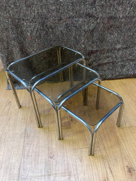 SET OF 3 NEST TABLES,SMOKED GLASS RECT. TOPS CHROME TUBE FRAME