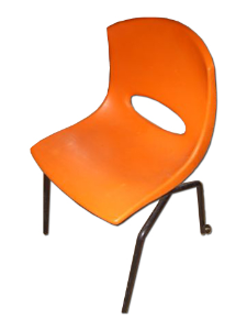 STACKING CHAIR,ORANGE POLY PROP ON BLACK LEGS,HOLE CUT CURVED BACK